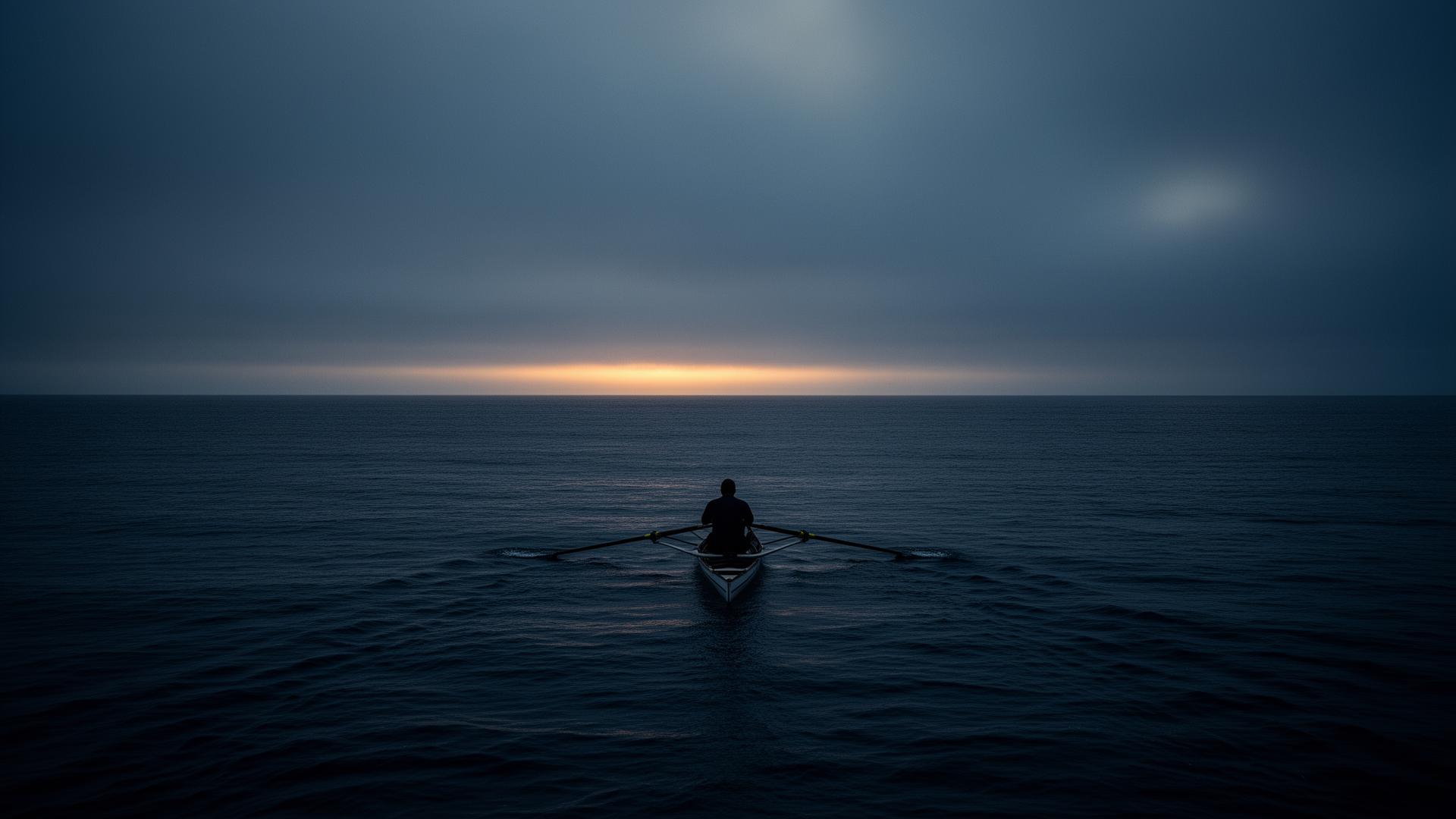 Lone rower silhouetted against a vast Pacific Ocean at dawn